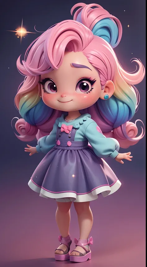 Uma menina chibi, vestido rosa, cabelos grandes, Rainbow hair colors, sapatilhas, pink hair bow, Glitter, sorrir,