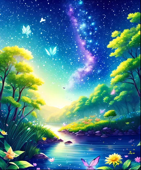 cute girl characters、green grass々drawing a butterfly flying over the water, looking up at the starry sky. surround her with colo...