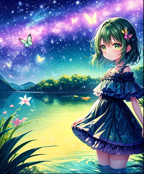 cute girl characters、green grass々drawing a butterfly flying over the water, looking up at the starry sky. surround her with colo...