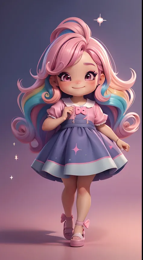 Uma menina chibi, vestido rosa, cabelos grandes, Rainbow hair colors, sapatilhas, pink hair bow, Glitter, sorrir,