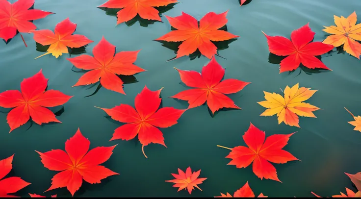 The red maple leaves are floating on the water.　top view from above.