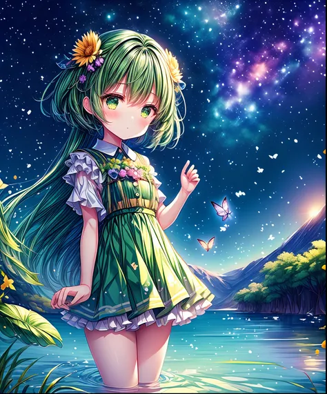 cute girl characters、green grass々drawing a butterfly flying over the water, looking up at the starry sky. surround her with colo...