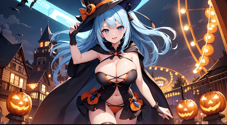 1 girl, game CG, orange mini dress, visible cleavage, visible shoulders, visible navel, black witch hat, cloak, orange panties, string hair ribbon, gigantic breasts, light blue hair, middle hair, two side up, blue eyes, smile , one arm raised, night, amuse...