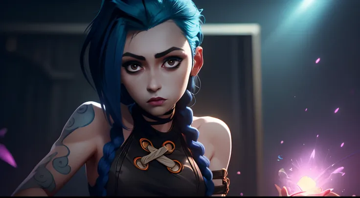 jinx's character design, sexypose, beautiful figure, arcane's jinx, holding a sparkling and glowing box in his hands, bright blu...