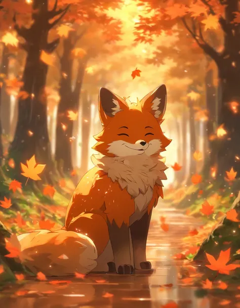 (best quality,4k,8k,highres,masterpiece:1.2),ultra-detailed, lots of mapple leaf falling,colorful autumn scene,lonely fox,cute fox,autumn forest,fox wearing cloak made of maple leaves,hiding fox,root of a tree,rainy day,serene atmosphere,maple trees,fall f...