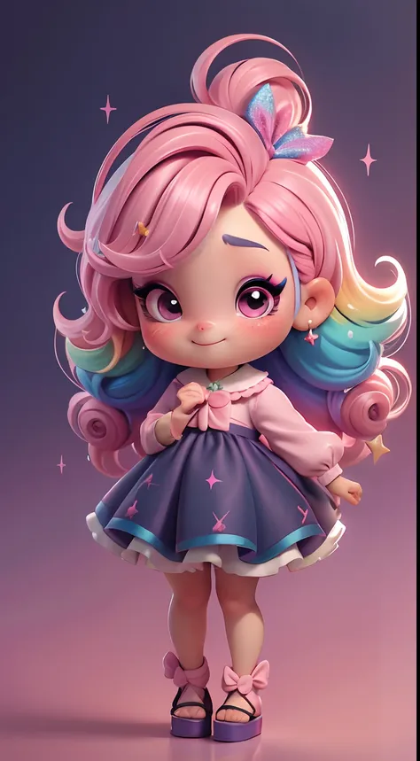 Uma menina chibi, vestido rosa, cabelos grandes, Rainbow hair colors, sapatilhas, pink hair bow, Glitter, sorrir,