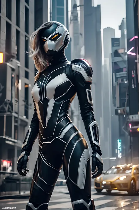 mulher solo, vestindo roupa cyberpunk +traje venom+traje do robocop, tudo branco com partes em dourado,meio humana meio robo,sim...