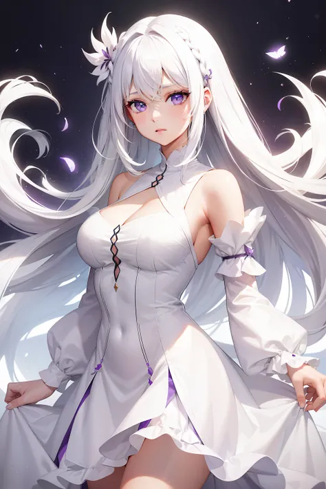 a women, white hair, purple eyes, white dress