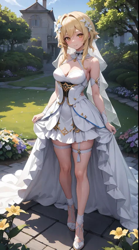 Lumine | genshin impact, master-piece, bestquality, 1girls,25 years old, proportional body, proportional., Wedding Dresses, White Wedding Dress, Long skirt, wedding, mediuml breasts, ,bara, choker, Standing in the middle of a flower garden, outdoor, weddin...