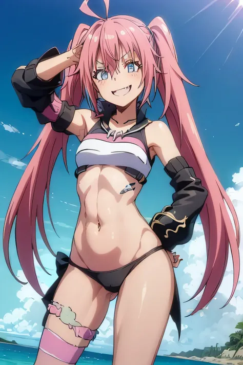 ((female)), (very messy pink hair), pigtails, (toothy smile), fangs, (third-person view), ((ripped abdomen)), toned arms and legs, small breasts, (summer beach scene) , blue eyes, yacht in the background, (((best quality))), standing