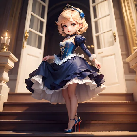 ​masterpiece、top-quality、ultra-detailliert、(Chibi Cinderella:1.2)、(Chibi Prince:1.2)、Stairs of the French Royal Palace、12 oclock position、run、(Has glass high heels:1.3)