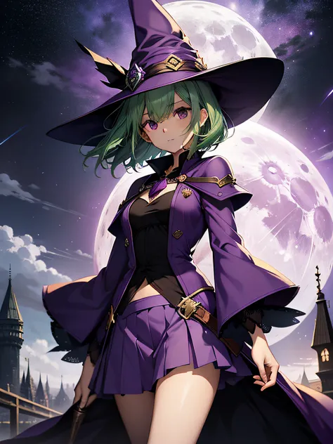 top-quality、extremely delicate and beautiful、(A teenage girl)、Purple Eye、Green hair、short-haired、(purple witch hat)、Purple tie、Soio、shortsleeves、Purple skirt、Purple Wizard Robe、Navel、is standing、Full moon night on background、Guts Wind of Berserk