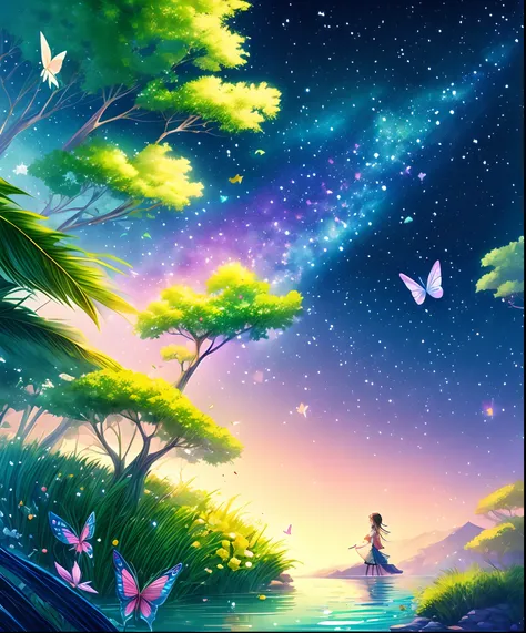 cute girl characters、green grass々drawing a butterfly flying over the water, looking up at the starry sky. surround her with colo...