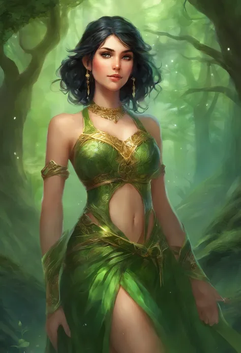 female elf, short black hair, green dress, frilly green halter top, navel, full body, bare feet, hand on hip