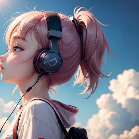 profile、look up sky、Wearing headphones、Anime style、 Cute,teens girl