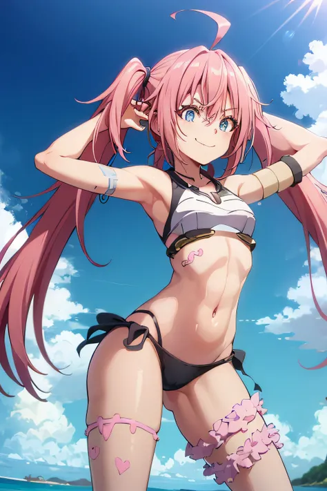 ((female)), (very messy pink hair), pigtails, (smile), fangs, ((ripped abdomen)), toned arms and legs, small breasts, (summer beach scene), blue eyes, yacht in the background, (((best quality))), standing