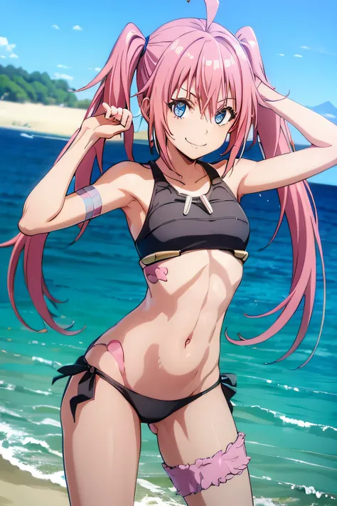 ((female)), (very messy pink hair), pigtails, (smile), fangs, ((ripped abdomen)), toned arms and legs, small breasts, (summer beach scene), blue eyes, yacht in the background, (((best quality))), standing