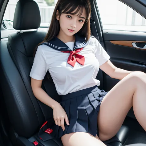 top-quality,ultra-detailliert,​masterpiece,realisitic,Photo Real,Bright lighting,1 girl in, an extremely beautiful 17-year-old girl, (kawaii:1.2),Thin smile, (Brown eyes),(Black hair),(bangss),perfect glossy skin,flawless skin,((erotick,Sexy and sexual)),(...