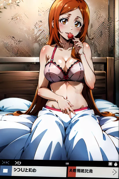 Orihime Inoue, eating a strawberry, laying in bed, seductive, bra, high quality, perfect details, bleach anime style, anime still, (1girl)