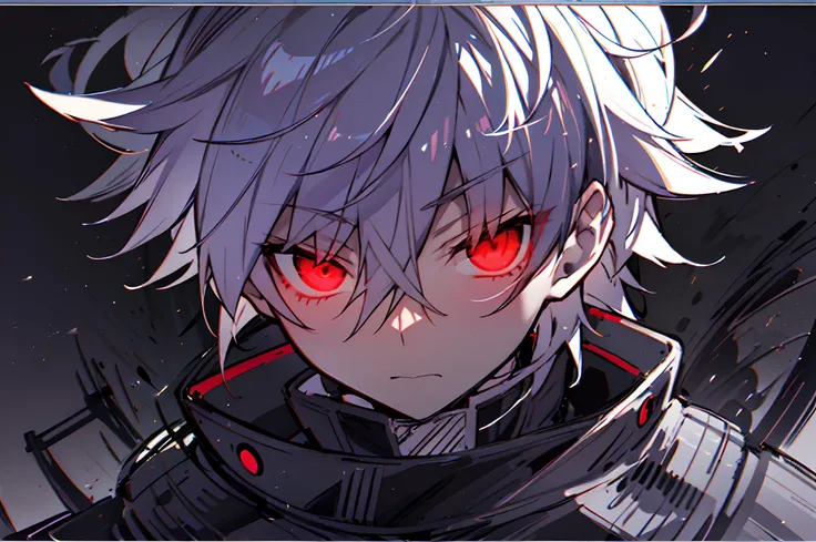 hight resolution,close range、Anime boy with white hair and red eyes staring at camera, Glowing red eyes,slim, dressed in a black outfit,Shadow Body,de pele branca,monochromes,hair messy,Straight face、Diagonal angle