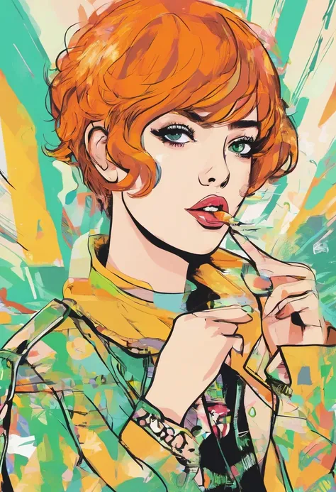 Short orange hair、Eyes are green、Plain clothes like Sarah clothes、Throwing Kisses、teens girl