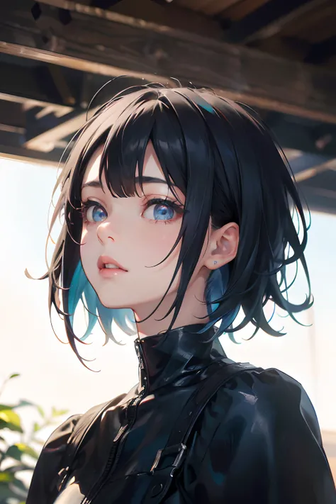 a 20 yo woman、Black blue hair、Bery short hair、(hi-top fade:1.3)、dark themed、Muted Tones、Subdued Color、highly contrast、(natural skin textures、Hyper-Realism、Soft light、sharp)