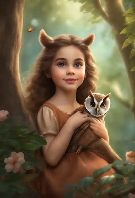 owl,childrens book illustration,brunette,beautiful detailed eyes,beautiful detailed lips,extremely detailed eyes and face,long eyelashes,(best quality,4k,8k,highres,masterpiece:1.2),ultra-detailed,(realistic,photorealistic,photo-realistic:1.37),vivid color...