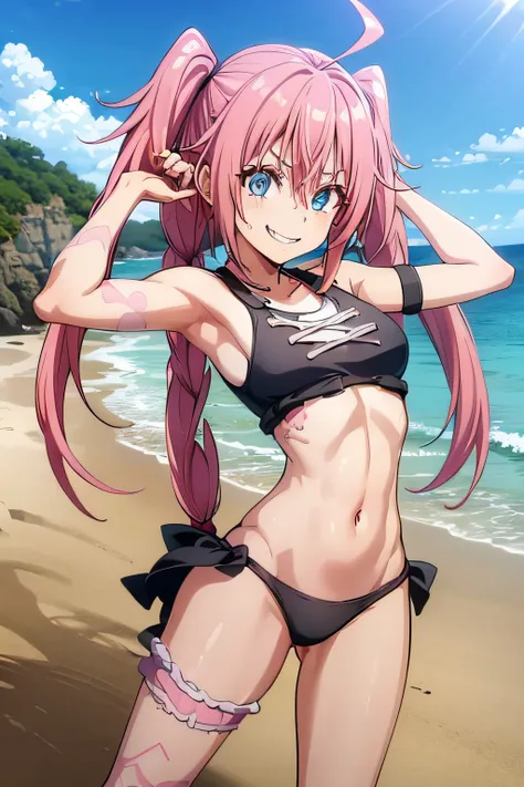 ((female)), (very messy pink hair), pigtails, (smile), fangs, ((ripped abdomen)), toned arms and legs, medium breasts, (summer beach scene), blue eyes, yacht in the background, (((best quality))), standing, barefoot