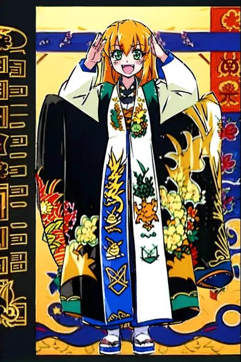 excel, orange hair, smile, fang, open mouth, green eyes,standing, medium breast, pants, pullover, , full body, flipflops,Daoist_Robe