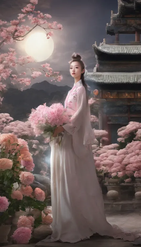 China-style，chrysanthemums，Moon Night，中景 the scene is，Full body like， highly detailed surreal vfx，oc rendered，Shot with 70 mm - AR 16:9 --q 2 --s 1000