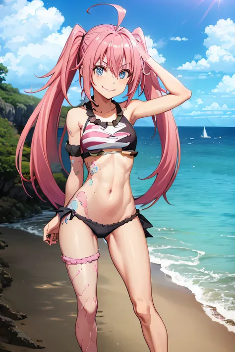 ((female)), (very messy pink hair), pigtails, (smile), fangs, ((ripped abdomen)), toned arms and legs, medium breasts, (summer beach scene), blue eyes, yacht in the background, (((best quality))), standing, barefoot