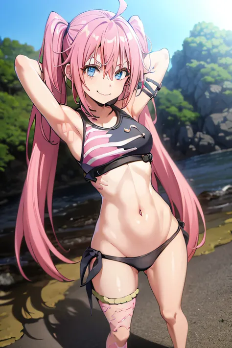 ((female)), (very messy pink hair), pigtails, (smile), fangs, ((ripped abdomen)), toned arms and legs, medium breasts, (summer beach scene), blue eyes, yacht in the background, (((best quality))), standing, barefoot