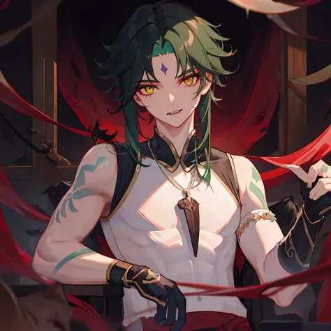 1boy,dark green hair,best quality,masterpiece,extremley,yellow eyes,male focus,beautiful eyes,Xiao (genshin impact), 1 boy, bones necklace, animal fangs necklace, arm tatoo, dark red hair, Chinese clothes, green eyes, male focus, red mark on forehead, no s...