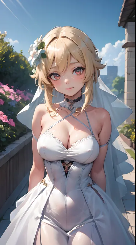 Lumine | genshin impact, master-piece, bestquality, 1girls,25 years old, proportional body, proportional., Wedding Dresses, White Wedding Dress, Long skirt, wedding, mediuml breasts, ,bara, choker, Standing in the middle of a flower garden, outdoor, weddin...