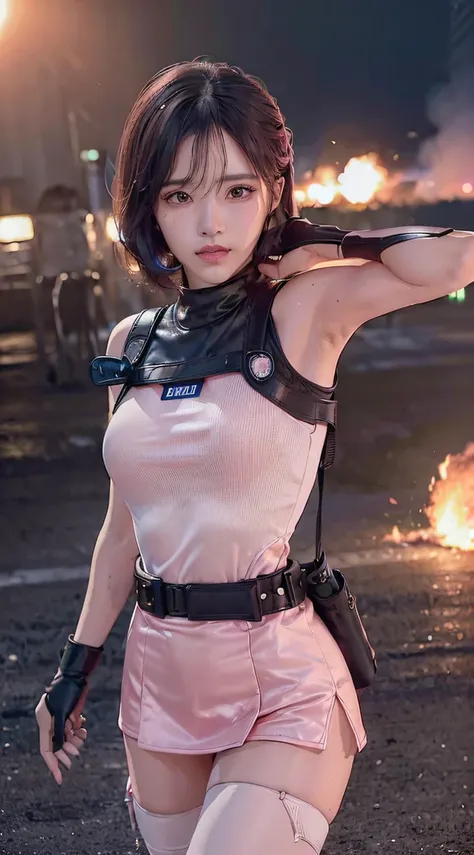 (Top Quality, Ultra High Definition, Photorealistic:1.4), (cowboy shot:1), 1 Beautiful Armed Girl, (Kpop Idol), Detailed Face, (Hair Style: Pink:1, fullbang, shortbob-style:1), Contrapposto, Perfect Anatomy, Smooth Skin, Professional Lighting, ((wearing Fu...