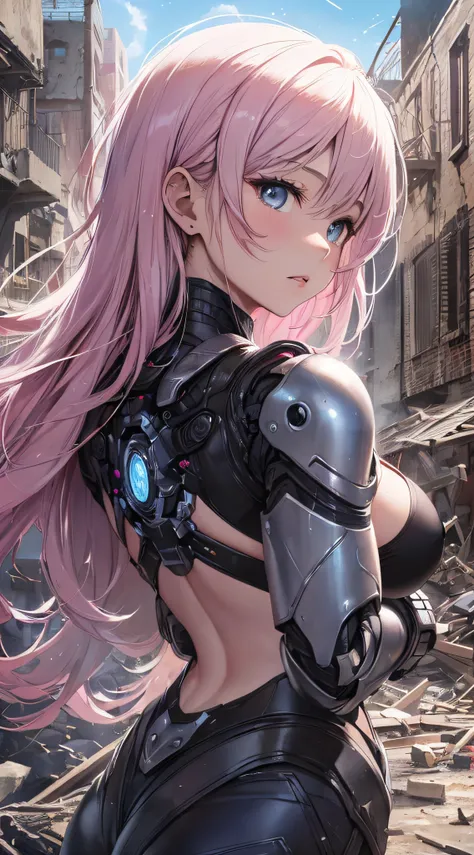 top-quality、Top image quality、​masterpiece、girl with((18year old、cyborgs、System Dynamics、Metallic body、Best Bust、Medium bust、Long pink hair、Light blue eyes、Beautiful back、deadpan、Breasts wide open、Show Back View、low angles)）hiquality、Beautiful Art、Backgrou...