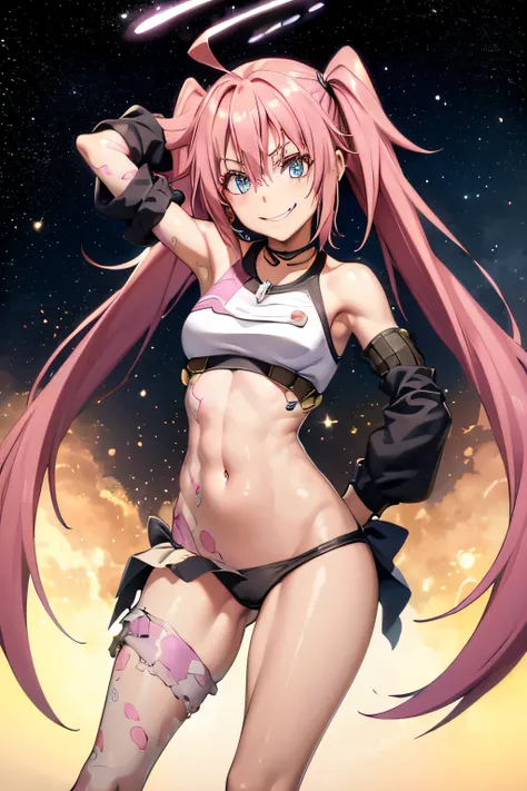 ((female)), (very messy pink hair), pigtails, (smile), fangs, ((ripped abdomen)), toned arms and legs, medium breasts, (universe setting holding planet earth), blue eyes , yacht in the background, (((best quality))), standing, barefoot