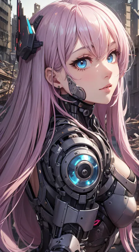 top-quality、Top image quality、​masterpiece、girl with((18year old、cyborgs、System Dynamics、Metallic body、Best Bust、Medium bust、Long pink hair、Light blue eyes、Beautiful back、deadpan、Breasts wide open、low angles、Look around)）hiquality、Beautiful Art、Background ...