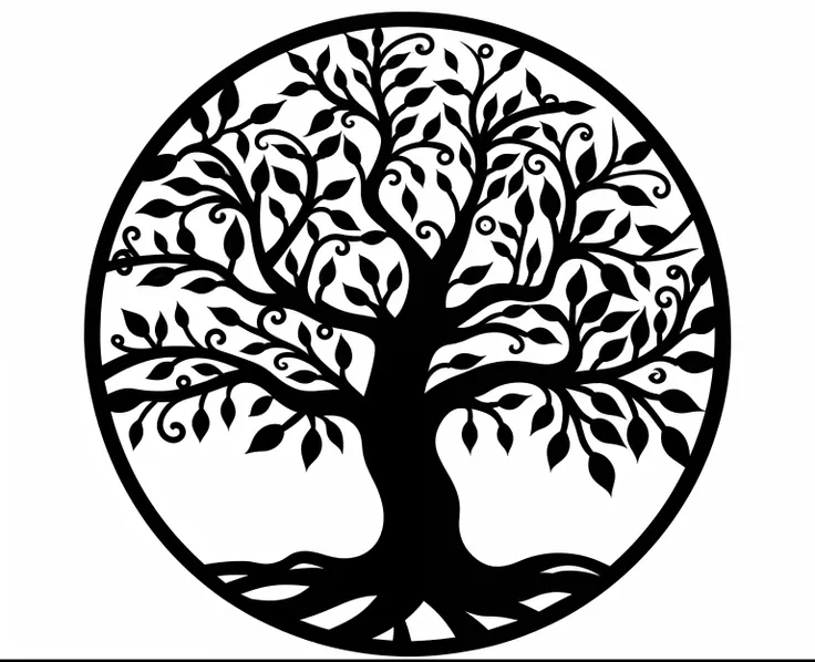 a black and white tree of life with swirly branches in a circle, tree of life seed of doubt, tree of life, the tree of life, vector art for cnc plasma, the world tree, world tree, cosmic tree of life, living tree, yggdrasil, logo without text, collective c...