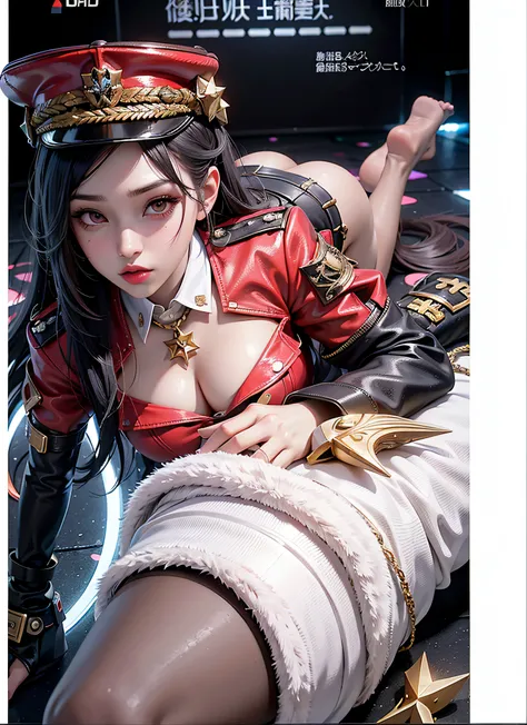 1 girlirl， Beautiful and realistic Cardi B as a semi-Asian mestizo, Half of League of Legends Spanish Prestige KDA comes entirely from Achri，Ultra HD, 8K quality, A girl, Very long hair， Detailed eyes, Frontal capture, Unreal Engine 5,Wearing a military ca...