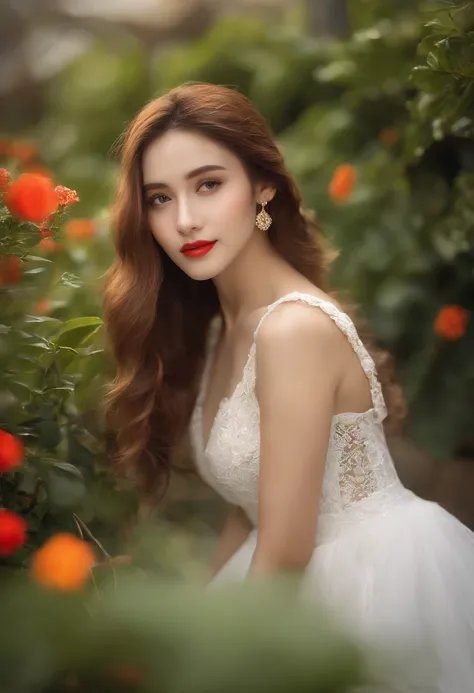 Morning garden dazzling with fresh greenery　long hair of caramel color,,,,,,,,,　Reach out with a shy smile　Dazzling　Angel wings on the back,,,,,　White skin in a neat dress　The scene that saves you　morning　About 20 years old　morning　beauty legs　GOLD accesso...