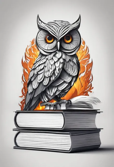 Logo, A glass owl sits on fire books, whitebackground, serious look