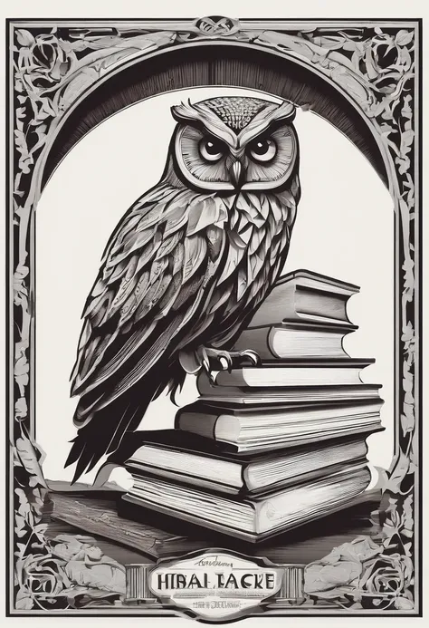 Logo, A glass owl sits on fire books, whitebackground, serious look