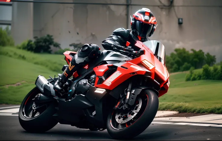 Handsome full body black mecha white short hair cyber handsome warrior, black cyber mechanical motorcycle, high-tech black full surround helmet, white short hair, Nousr, biomechanics, MSHN robot man, high-tech helmet, surreal, steel, complex design, crazy ...