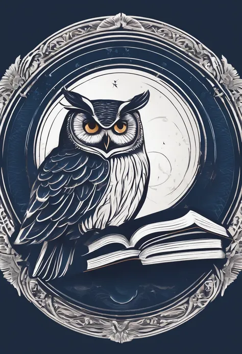 Logo, Round shape, Owl with a book, minimalism, Few details, vector image, graphics, Smooth Lines, rot, blau, A white.