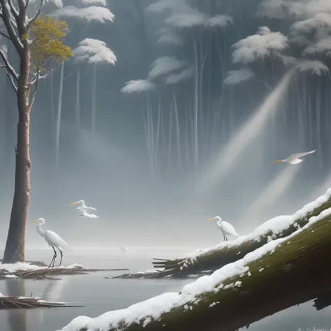 Snowy Egrets...

Prompt:painting of two snowy egrets in a log, misty morning, in the style of naturalistic landscape backgrounds, mysterious jungle, dark white and light navy, lively coastal landscapes, golden light 

#snowyegret #wetlands #MJ