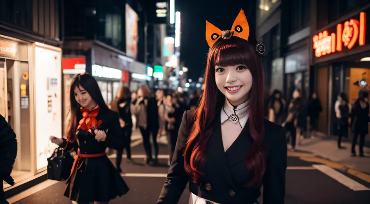 One woman is walking the streets of Shibuya in Halloween cosplay　Looking at the camera and smiling