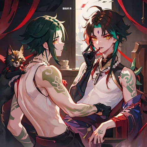 1boy,dark green hair,best quality,masterpiece,extremley,yellow eyes,male focus,beautiful eyes,Xiao (genshin impact), 1 boy, bones necklace, animal fangs necklace, arm tatoo, dark red hair, Chinese clothes, green eyes, male focus, red mark on forehead, no s...