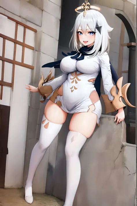 best quality, masterpiece, highres, solo, {paimon_genshin:1.15}, white_hair, halo, hair_ornament, blue_eyes, hair_between_eyes, short_hair, bangs, open_mouth, blush, smile, cape, 1girl, dress, long_sleeves, looking_at_viewer, scarf, white_dress, full body,...