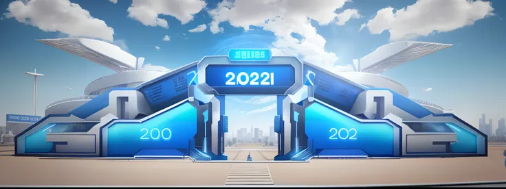 A huge blue sign，It reads "Welcome to 2023". The sign is designed to welcome visitors and convey hospitality, experiment, urbanization, Realistic blue sky background, Futuristic technology, Minimalism, 8K 3D